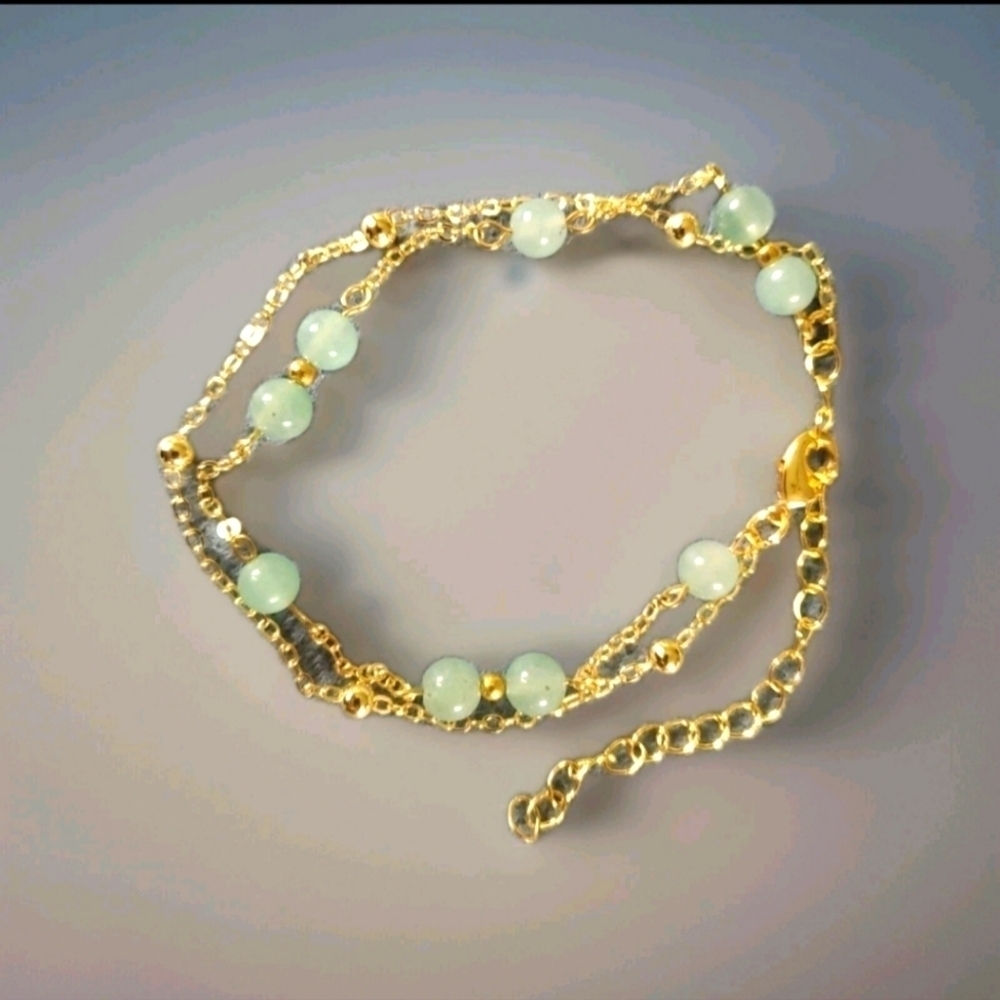Green Aventurine Goldtone Double Chain Anklet Bracelet